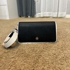 Tory Burch Black and White Crossbody Bag with Gold Emblem